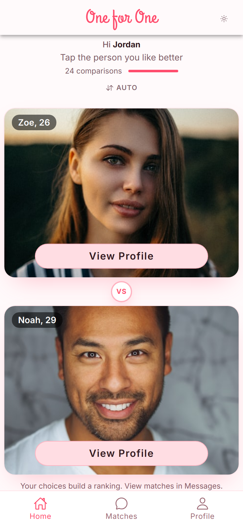 Compare screen — two profiles side by side, tap who you like better