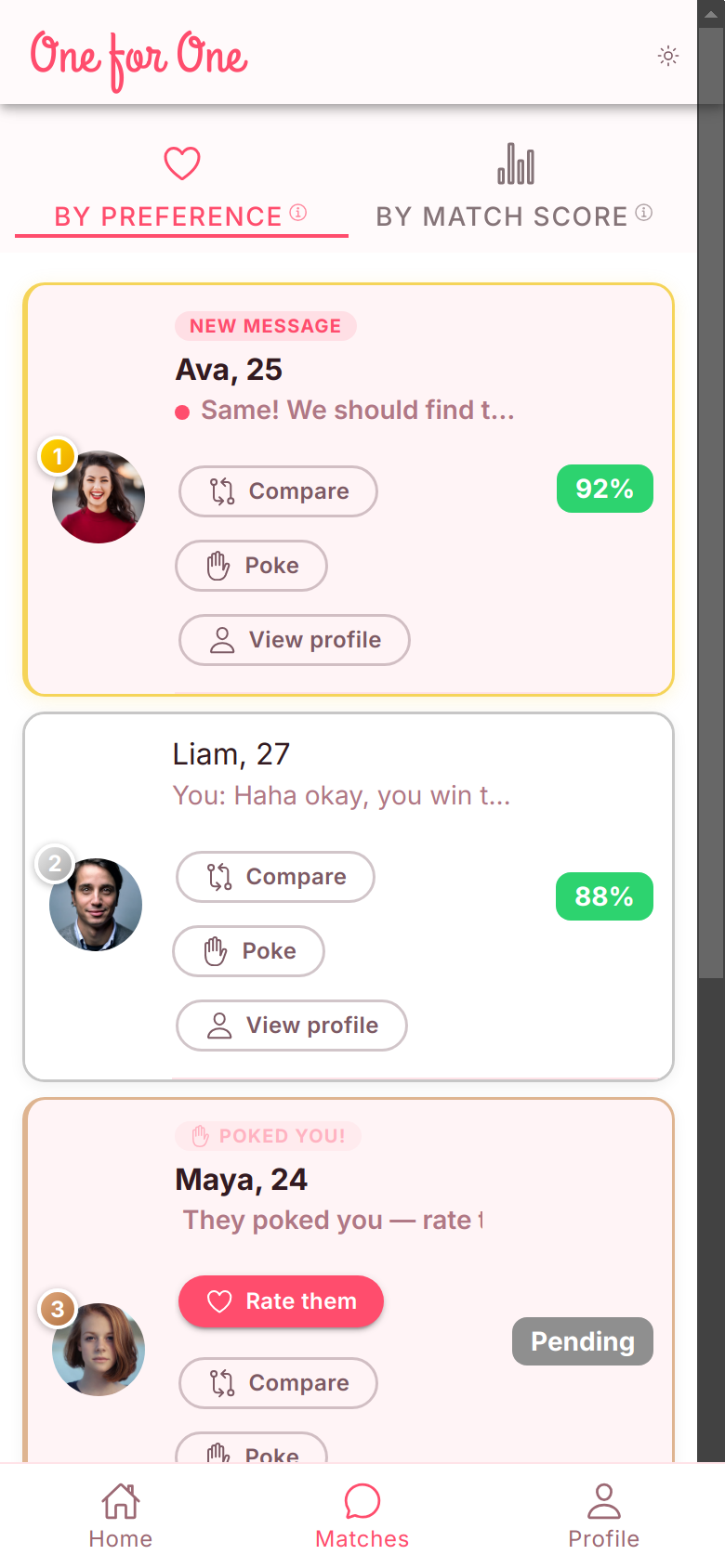 Matches screen — your ranked matches with match scores